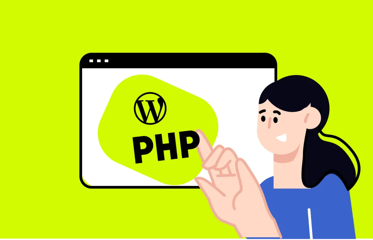 Illustration of a person pointing at a browser window showing the WordPress logo and PHP