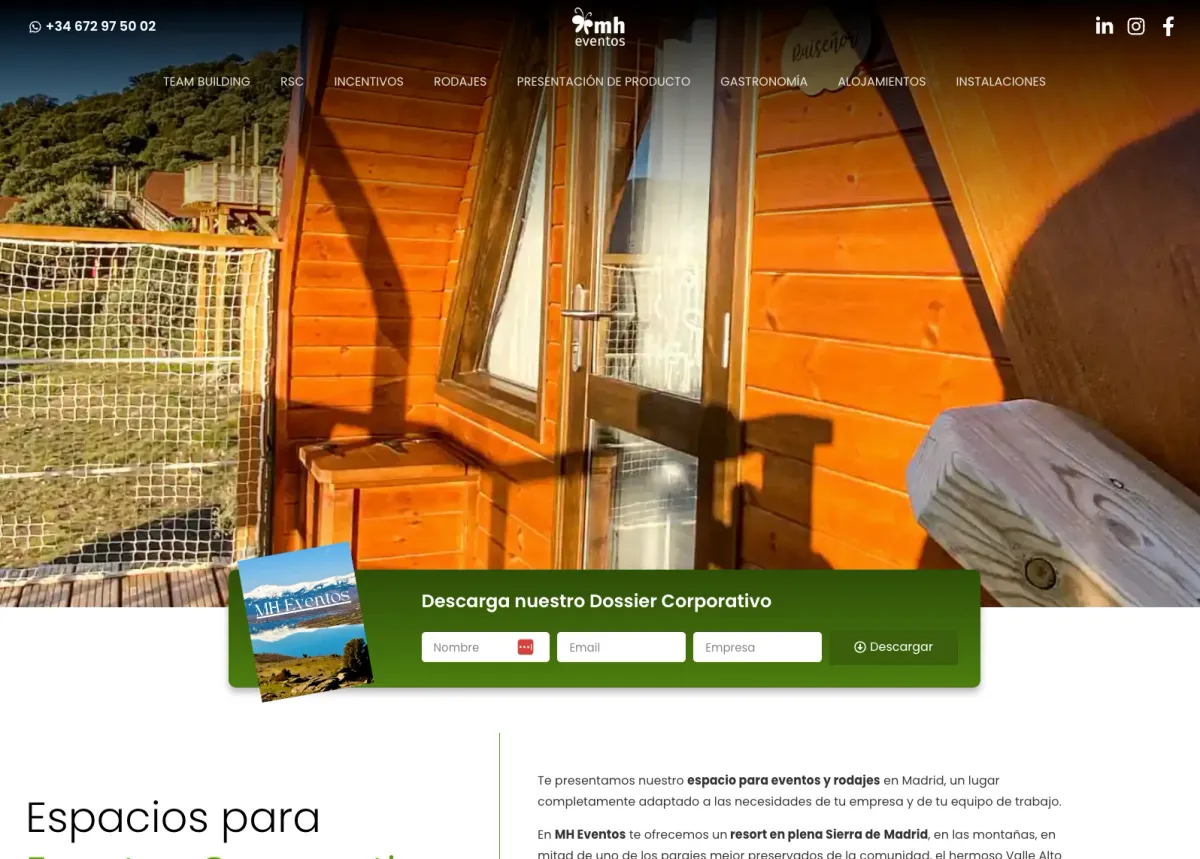 MH Eventos homepage with the corporate dossier download form