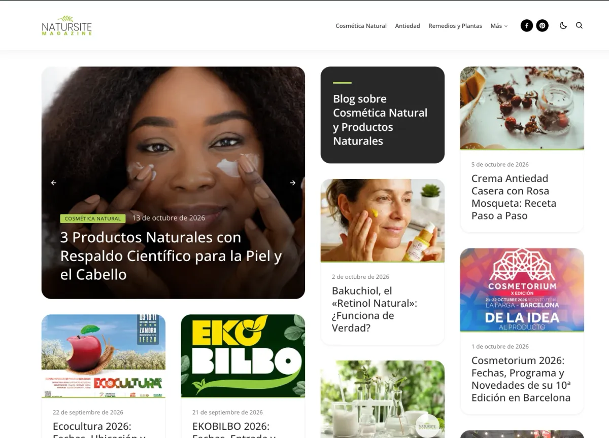 Natursite homepage with a featured article slider and card grid