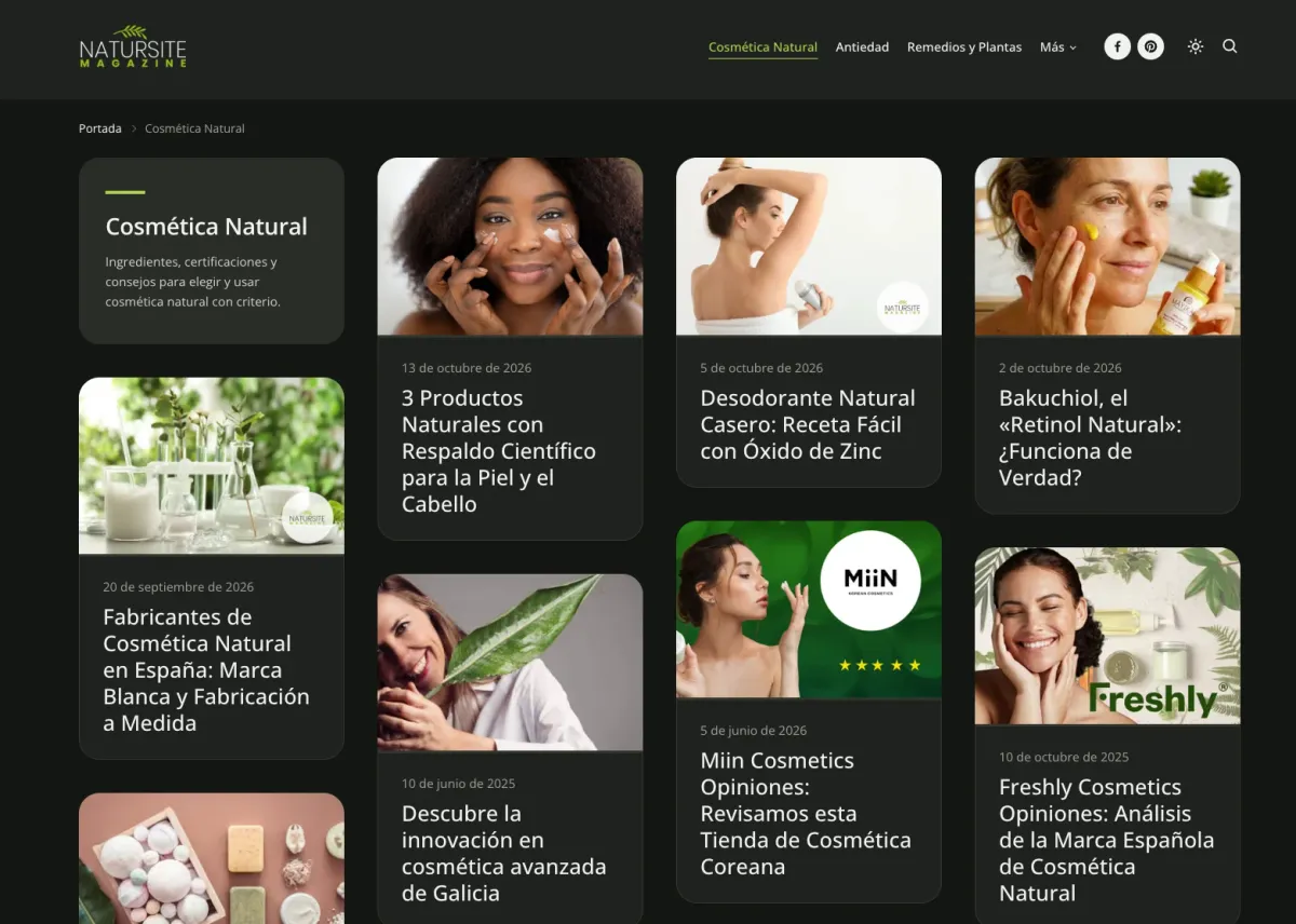 Natursite Cosmética Natural category page in dark mode