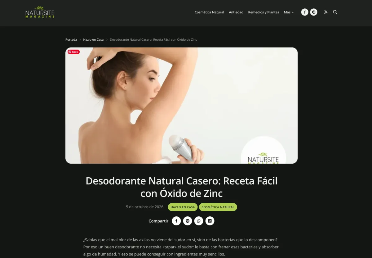 Natursite article page with breadcrumbs, categories and share buttons