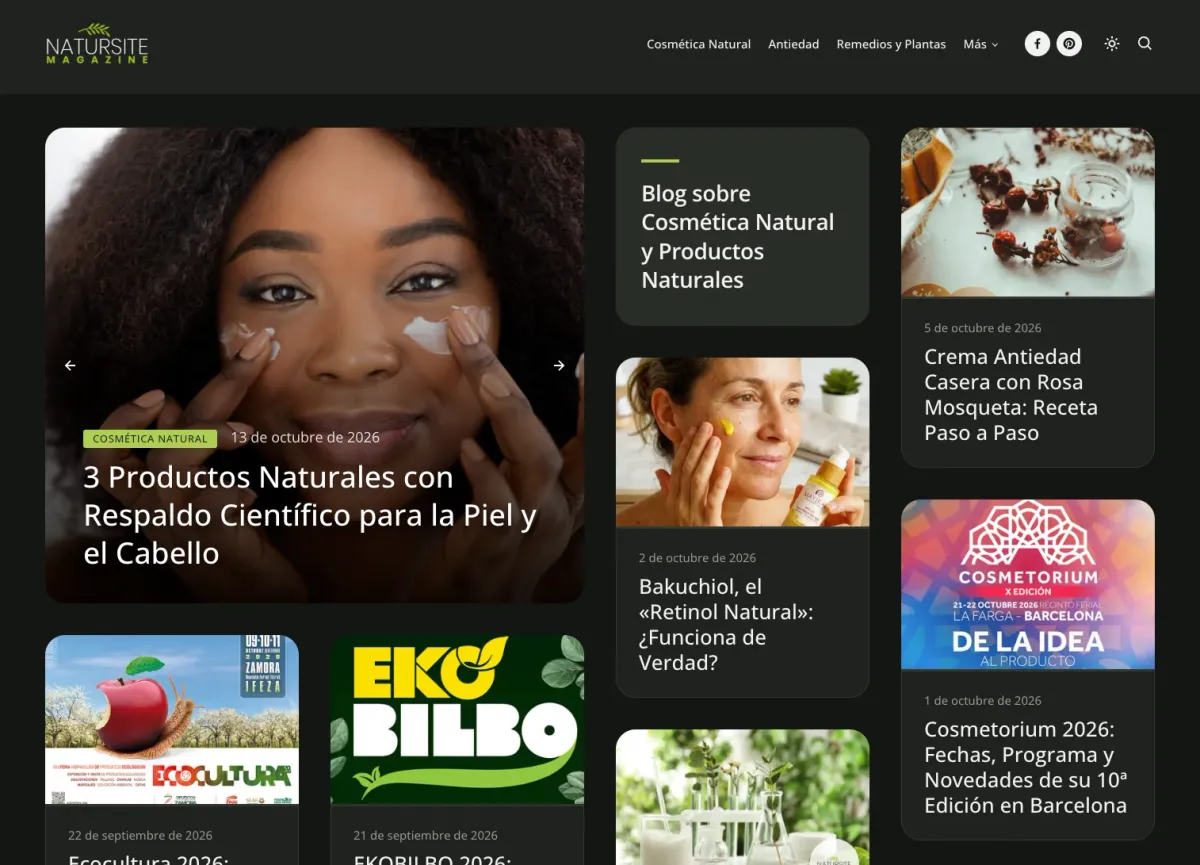 Natursite homepage in dark mode