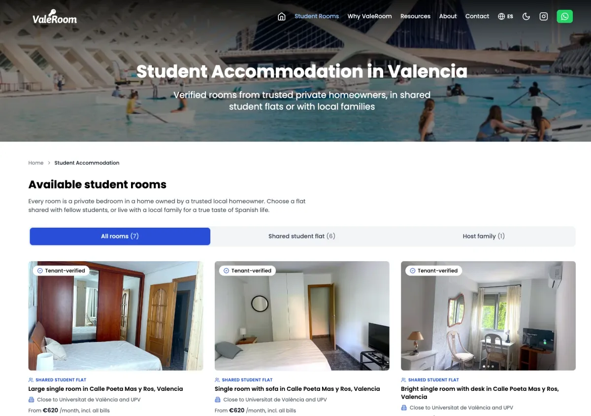ValeRoom room listings with filters for shared student flats and host families