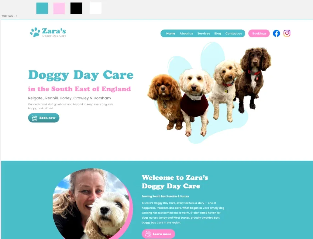 Zara's Doggy Day Care website homepage on a laptop
