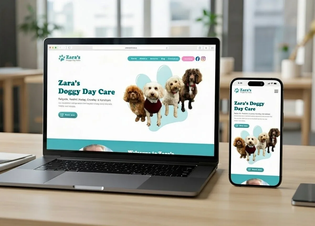 Zara's Doggy Day Care website on laptop and mobile